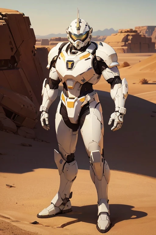 a private soldier in white and gold power armor, detailed desert environment, futuristic sci-fi landscape, imposing architecture, dramatic lighting, photorealistic, highly detailed, cinematic composition, epic scale, muted color palette, volumetric lighting, atmospheric haze, mechanical details, intricate machinery, seamless integration, flawless execution, masterpiece