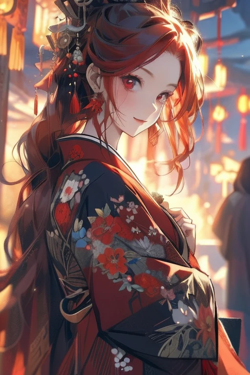 Perfect face. Perfect hands. A red haired woman with a red eyes and an hourglass figure in a kimono is watching the stars with a smile at the shrine
