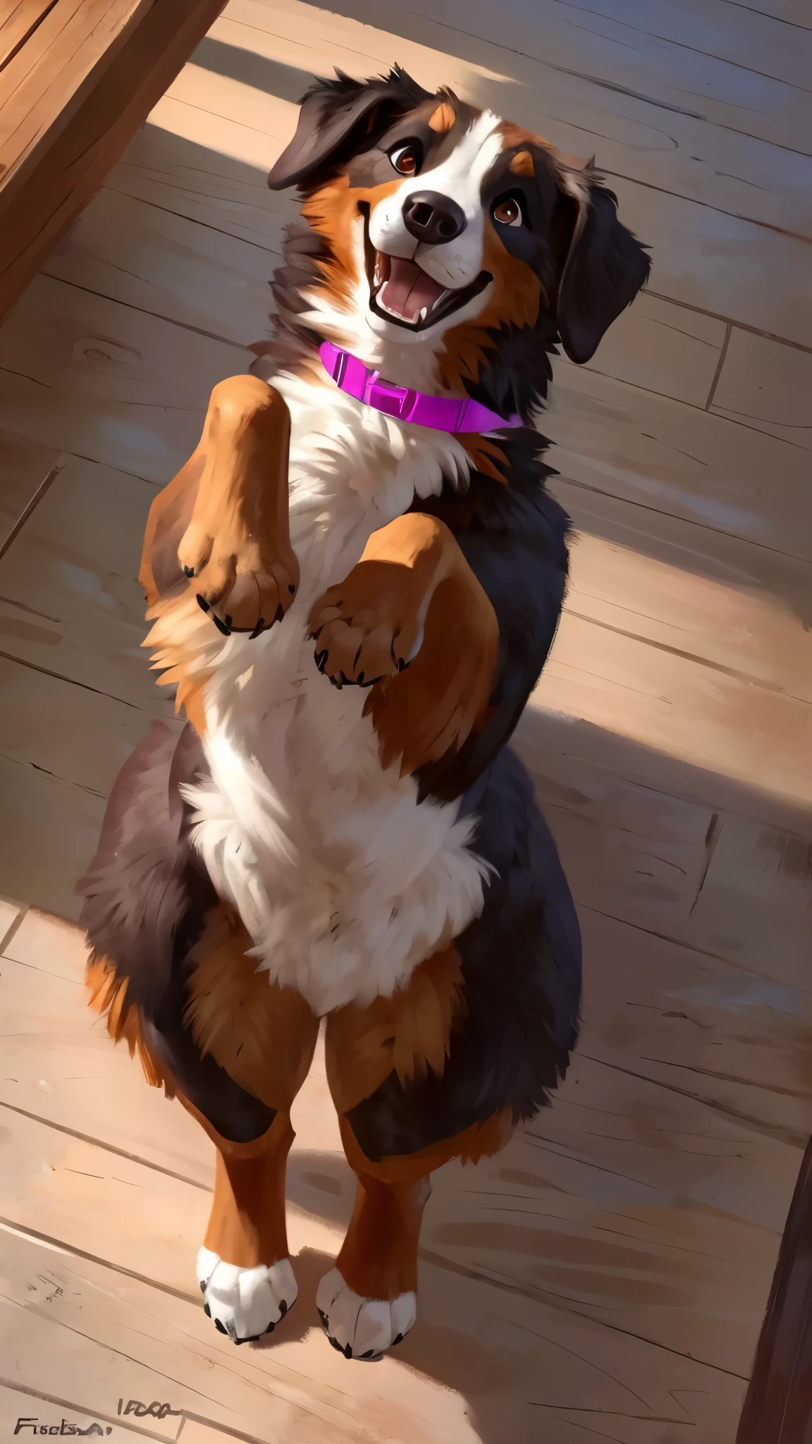 (by Taran Fiddler), (by Halbean), (by Psy101), feral body, dog, female, solo canine, solo, pink collar, Bernese Mountain dog, curvy, wide hips, thick thighs, fluffy butt, looking up at viewer, arched back, wood floor, sunlight, happy, excited, playful, open smile, surprise, cute, big brown eyes, birds eye view