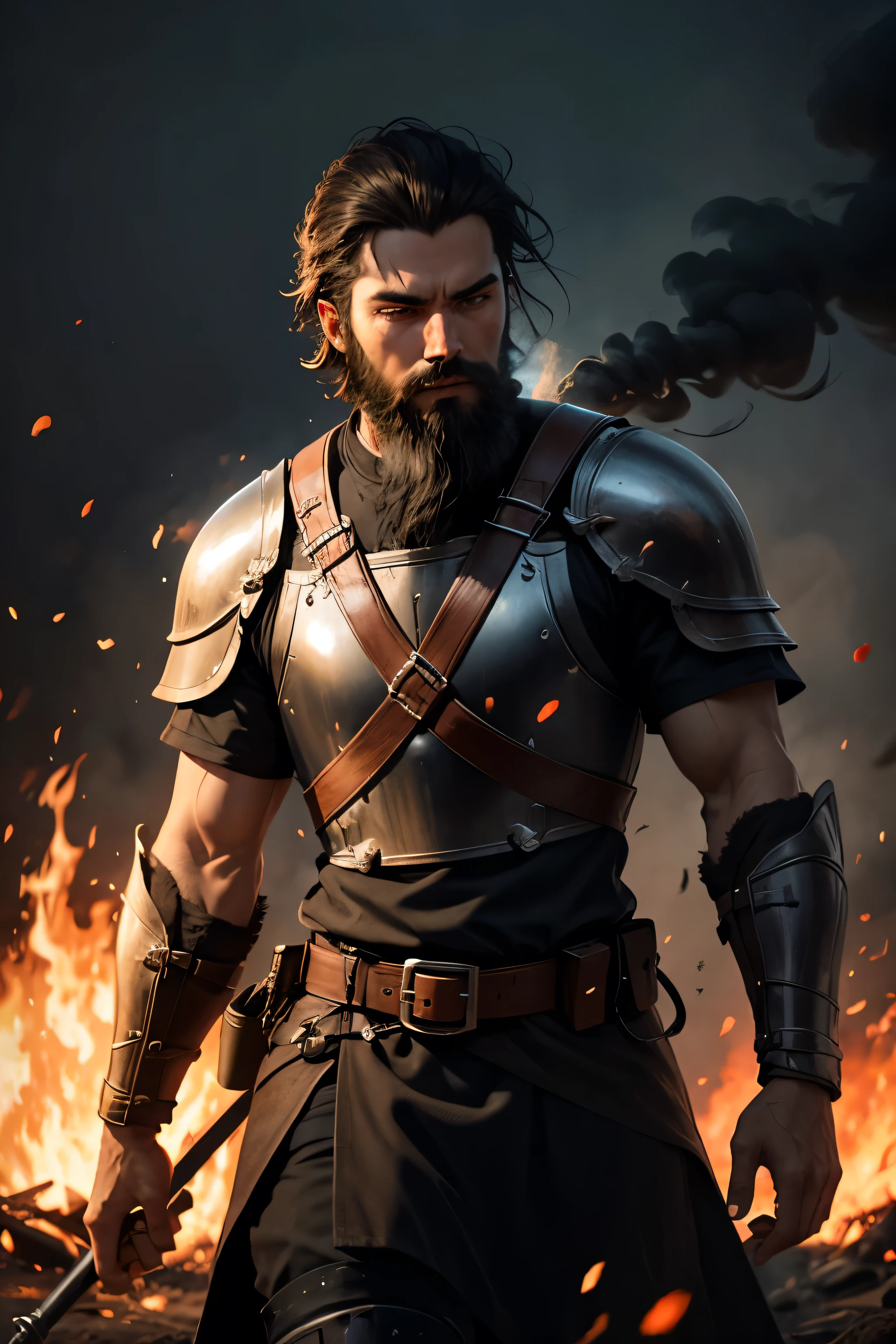 Knight with black short hair and beard. surrounded by fire and smoke on a old battlefield 