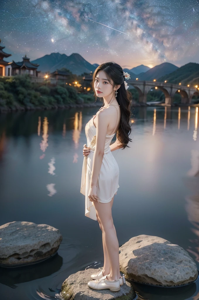 (((best quality))),(((ultra detailed))),(((masterpiece))),illustration,((1 beautiful girl,solo)),(shoulder length straight hair:1.2),((earrings,necklace)),((slim,thin)),((small breasts,flat chest)),(gorgeous red Hanfu:1.5),(slender legs:1.2),(loafers:1.2),(standing:1.3),(arms behind back:1.5),(on the stone arch bridge:1.3),((starry sky,the Milky Way,horizon)),elegance, grace, sophisticated updo, delicate hairpins, twinkling stars, radiant smile, bright eyes, wonder, beauty of the night sky, intricate patterns, flowers, birds, vibrant colors, ethereal, enchanting, old bridge, weathered, sturdy, natural surroundings, serene, peaceful atmosphere, rippling water, stars, graceful silhouette, magic, tranquility, twinkling stars, mesmerizing canopy of light, cool air, crisp, faint scent of blooming flowers, contemplation, admiration, ancient China, timeless, rich culture, traditions, captivating, enchanting atmosphere, myth, legend,((from front,full body))
