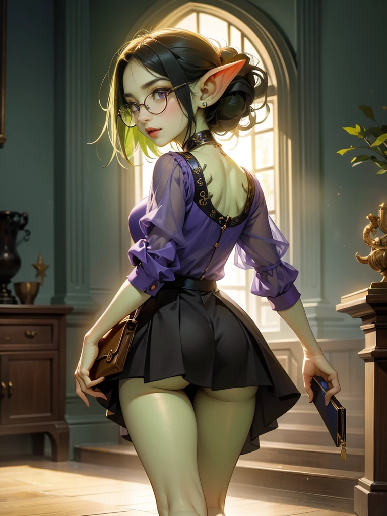 intricate details, tonemapping, sharp focus, hyper detailed, trending on Artstation, Masterpiece, absurdrez, amazing detail, 4k, perfect face, symmetrical, small ears, 3 foot tall green goblin girl, wearing purple blouse and long black skirt, very shy, (((black glasses))), (green skin), short dark green hair, purple eyes, exploring a fine art museum, admiring painting on the wall, curious and fascinated, pov from side, looking away from camera, dynamic pose, cinematic lighting, fine art lines the walls, in art museum, small smile, loves art, walking towards camera, holding purse,sexy