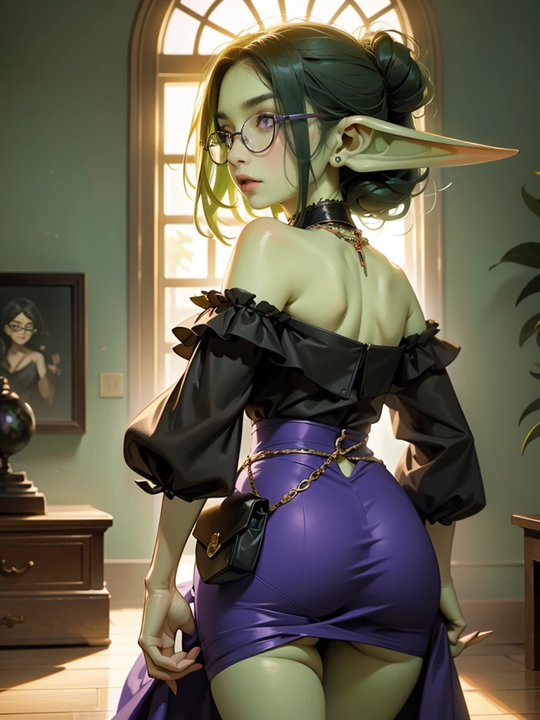 intricate details, tonemapping, sharp focus, hyper detailed, trending on Artstation, Masterpiece, absurdrez, amazing detail, 4k, perfect face, symmetrical, small ears, 3 foot tall green goblin girl, wearing purple blouse and long black skirt, very shy, (((black glasses))), (green skin), short dark green hair, purple eyes, exploring a fine art museum, admiring painting on the wall, curious and fascinated, pov from side, looking away from camera, dynamic pose, cinematic lighting, fine art lines the walls, in art museum, small smile, loves art, walking towards camera, holding purse,sexy 