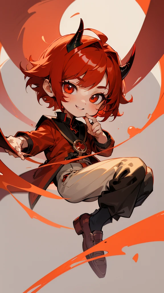 boy, full body, smile, thanks pose, ((cartoon style, chibi style)), cute, beautiful face, red color eye, beautiful eye, high detailed pupil, double eyelid, high detailed skin, high quality skin, red color hair, bangs, school outfit, professional lighting, masterpiece, (horns), simetris black horns, Dragon boy