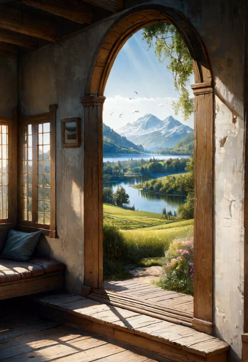 The View Outside the Window, (4k,8k,highres,:1.2),ultra-detailed,(realistic,photorealistic,photo-realistic:1.37),indoor view,window view,outside scene,outdoor scenery,breathtaking landscape,panoramic view,serene atmosphere,clear blue sky,rolling hills,green meadows,colorful flowers,trees swaying in the wind,sun shining brightly,golden sunlight streaming in through the window,glimmering lake in the distance,crystal-clear water,reflection of the sky on the water surface,lush forests,majestic mountains on the horizon,peaceful countryside,tranquil setting,quiet ambiance,gentle breeze rustling the leaves,morning mist over the fields,tiny birds chirping,soft rays of sunlight illuminating the room,nature's beauty at your doorstep,serenity of the outside world,boundless beauty right outside the window . masterpiece, best quality, very aesthetic, absurdres, aesthetic