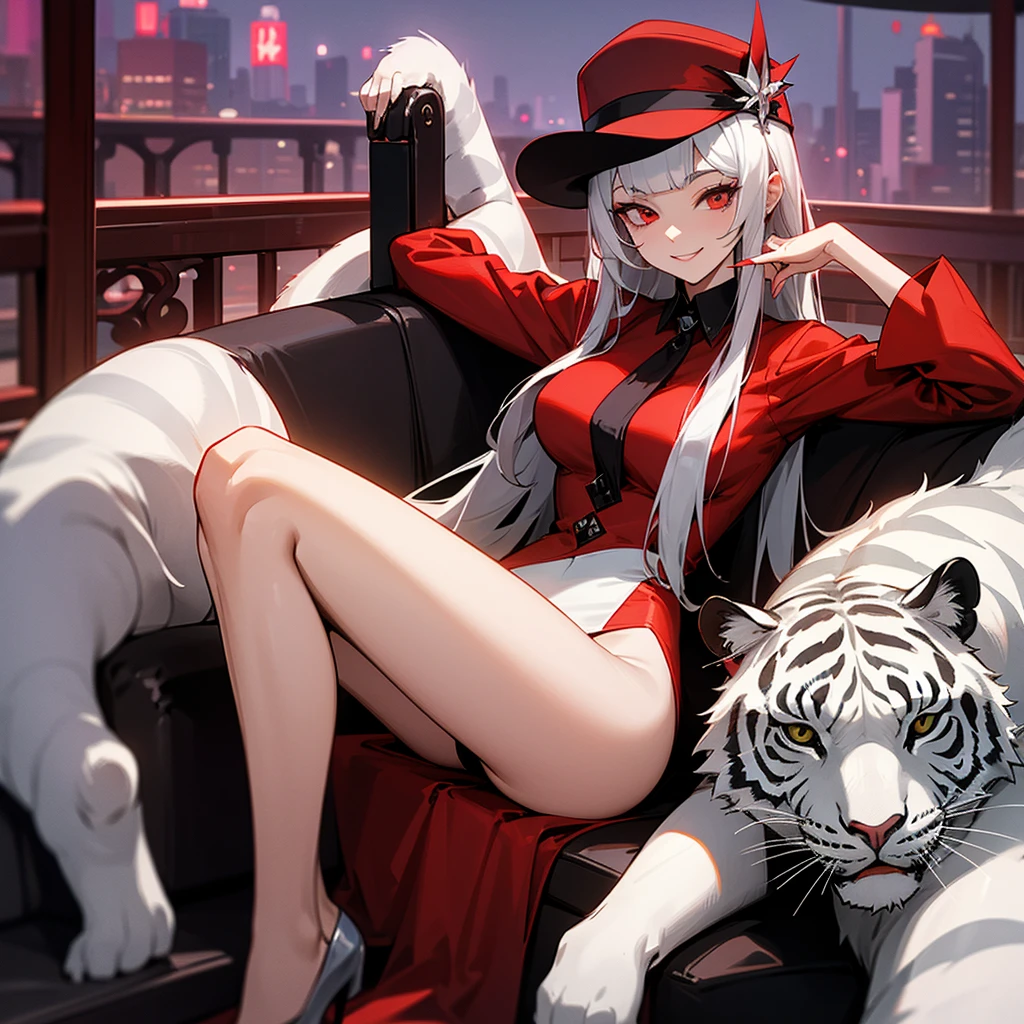 A mature woman with long silver hair and straight bangs,red eye,wearing a red sexy fancy dress,and wearing a fedora hat woman,thug smile to camera,sit on the chair at night club,scenery fancy and beautiful around,A white tiger was behind her lying relaxed