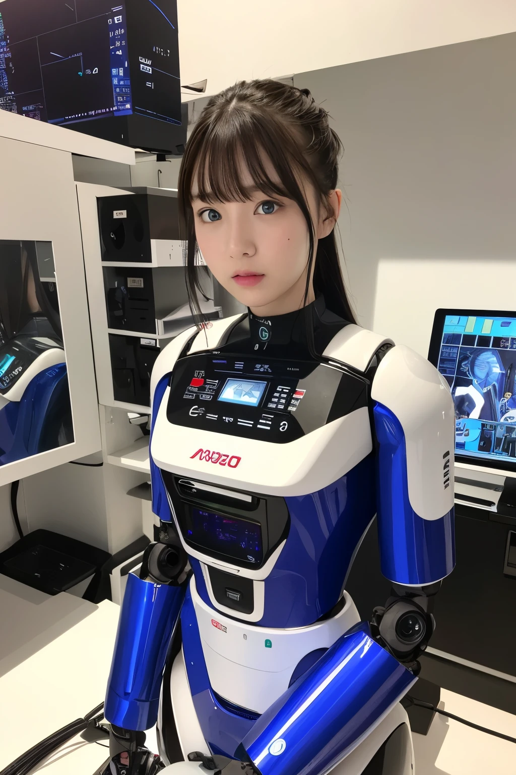 masterpiece, best quality, extremely detailed, Japaese android girl,Plump ,control panels,android,Droid,Mechanical Hand, Robot arms and legs,Blunt bangs,perfect robot girl,long tube,thick cable connected her neck,android,robot,humanoid,cyborg,japanese cyborg girl ,robot-assembly plant,She has assembled now,assembly scene,chest monitor,blue eyes
