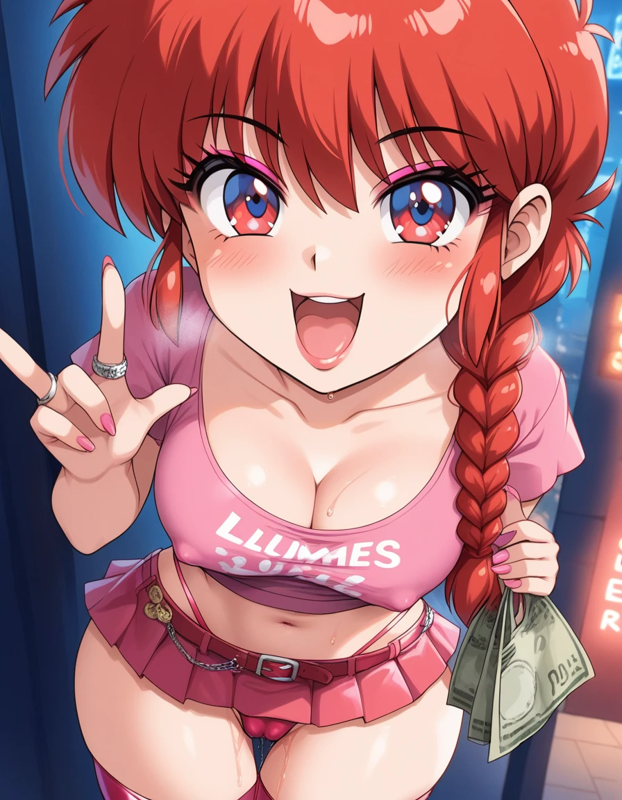 1girl, background, (ranma-chan), blush, red hair, medium breasts, tomboy, one short pigtail, nighttime, hot breath, open mouth, dimmed lighting, standing, city, big ass, wide hips, toned body, wearing slutty prostitute outfit, micro skirt, midriff, prostitute, purple eyeshadow, (detailed fingers), thong peek, tight pink latex top, no bra, 5 fingers, red light, neon light billboards, red-light district, nipple bulge in shirt, pussy juice, (artist: conder), (cameltoe), close to viewer, girl looking up at viewer, grinning, (girl inviting viewer to fuck her), view from above, slutty, prostitute, long eyelashes, deep cleavage, whore, prostitute, bimbo, 4 fingers and one thumb,