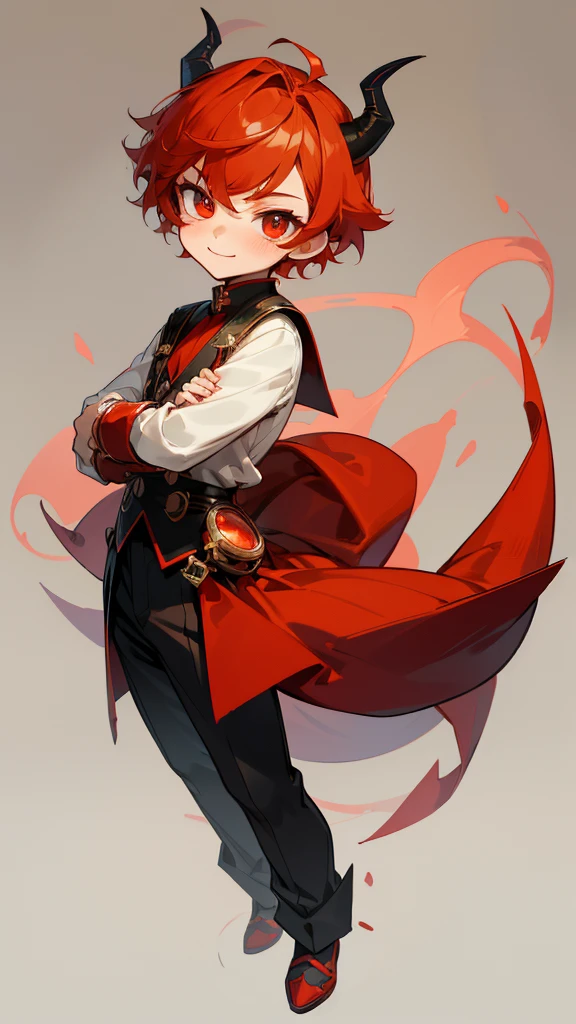 boy, full body, smile, thanks pose, ((cartoon style, chibi style)), cute, beautiful face, red color eye, beautiful eye, high detailed pupil, double eyelid, high detailed skin, high quality skin, red color hair, bangs, school outfit, professional lighting, masterpiece, (horns), simetris black horns, Dragon boy