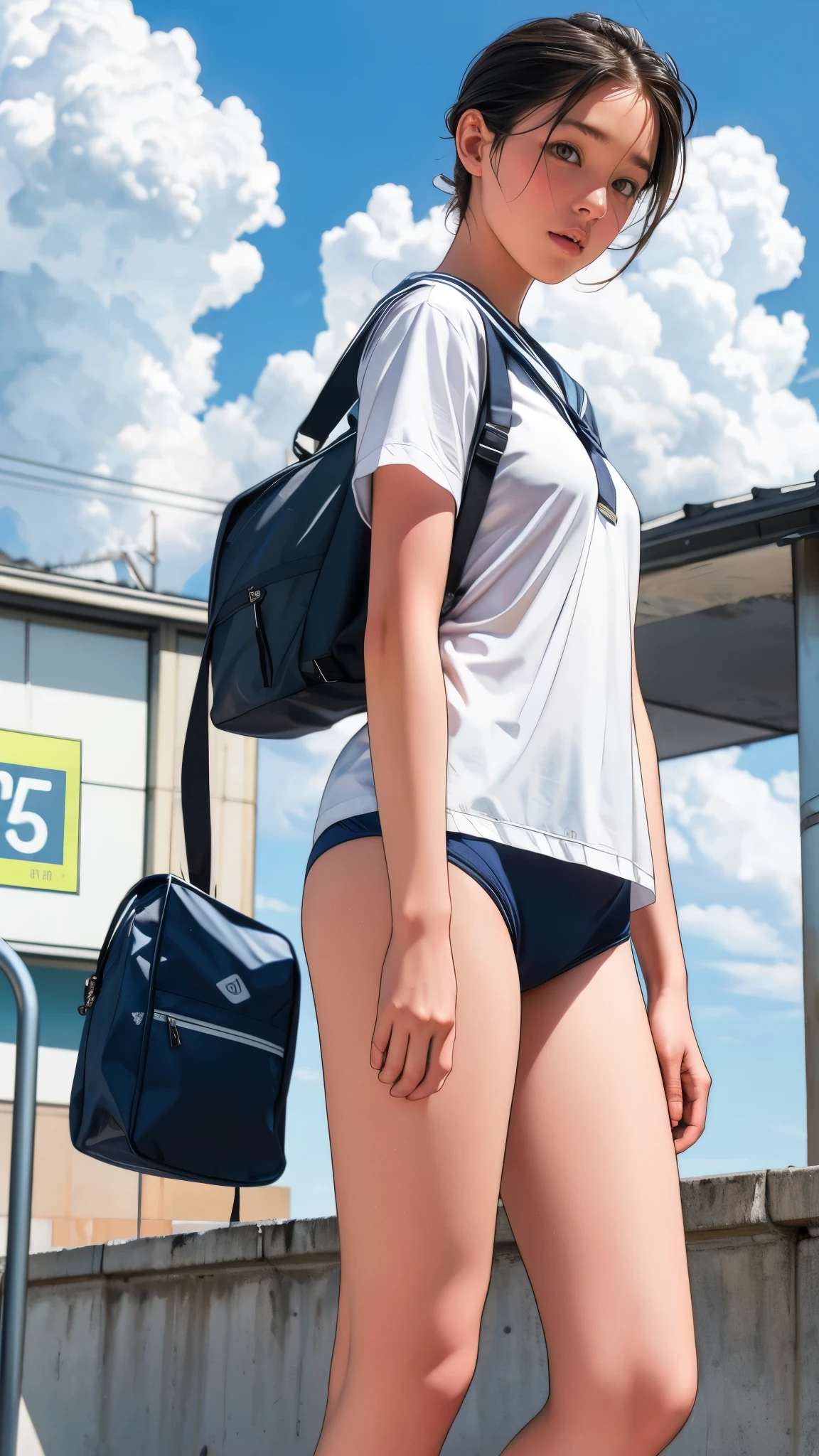 {3 | 2} Girl Standing In Schoolyard, Cumulonimbus clouds floating in the summer sky, Navy blue speedo swim briefs, On a white sailor shirt, school bag, 13 years old, Forehead, Thin thighs, knees, Short hair tied low, From below, Front light