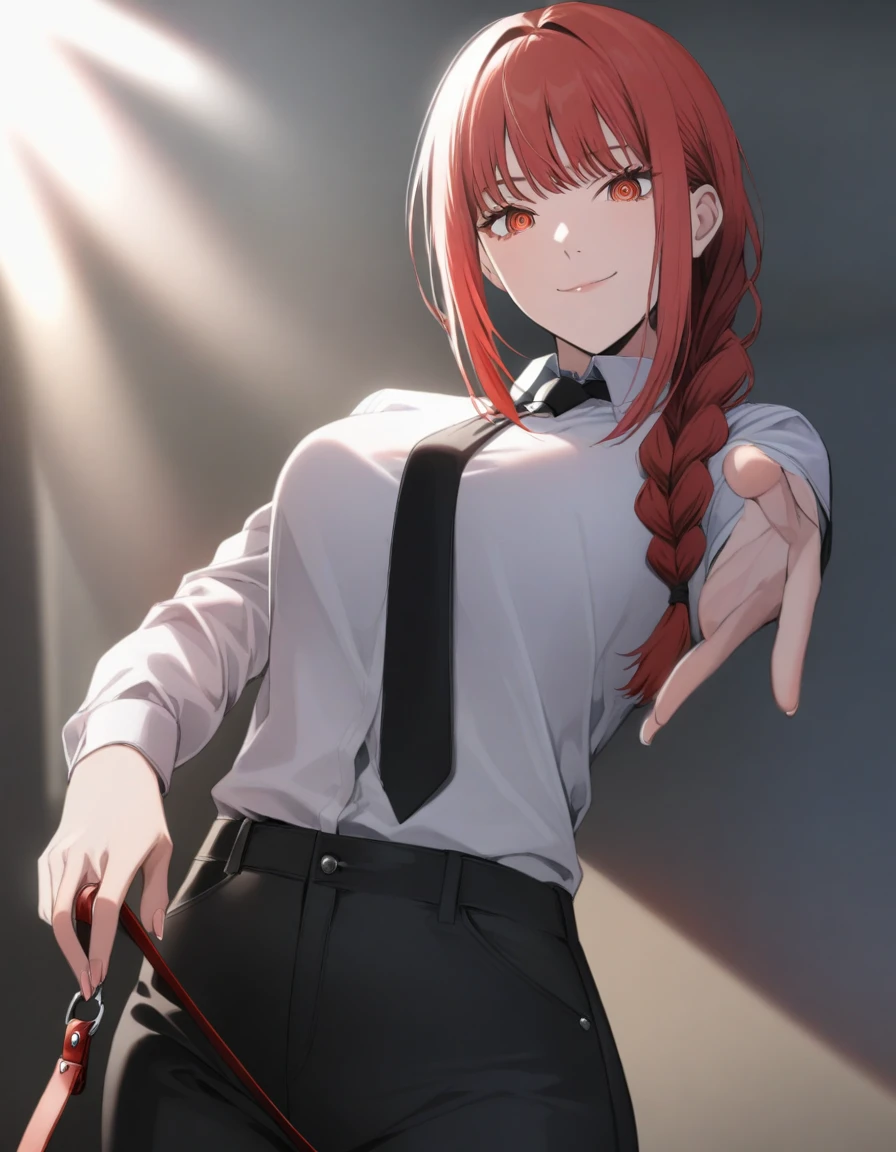 1girl,makima(chainsaw_man),black_necktie,black_pants,braid,braided_ponytail,breasts,closed_mouth,collar,collared_shirt,cowboy_shot,fingernails,giving,hair_over_shoulder,head_tilt,holding dog leash,long_hair,long_sleeves,looking_at_viewer,necktie,outstretched_arm,pants,red_eyes,red_hair,ringed_eyes,shirt,smile,solo,sunlight,unworn_collar,white_shirt,