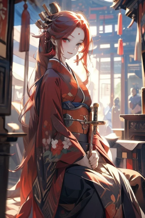 Perfect face. Perfect hands. A red haired woman with a red eyes and an hourglass figure in a kimono is sitting with her sword in the shrine with a big smile