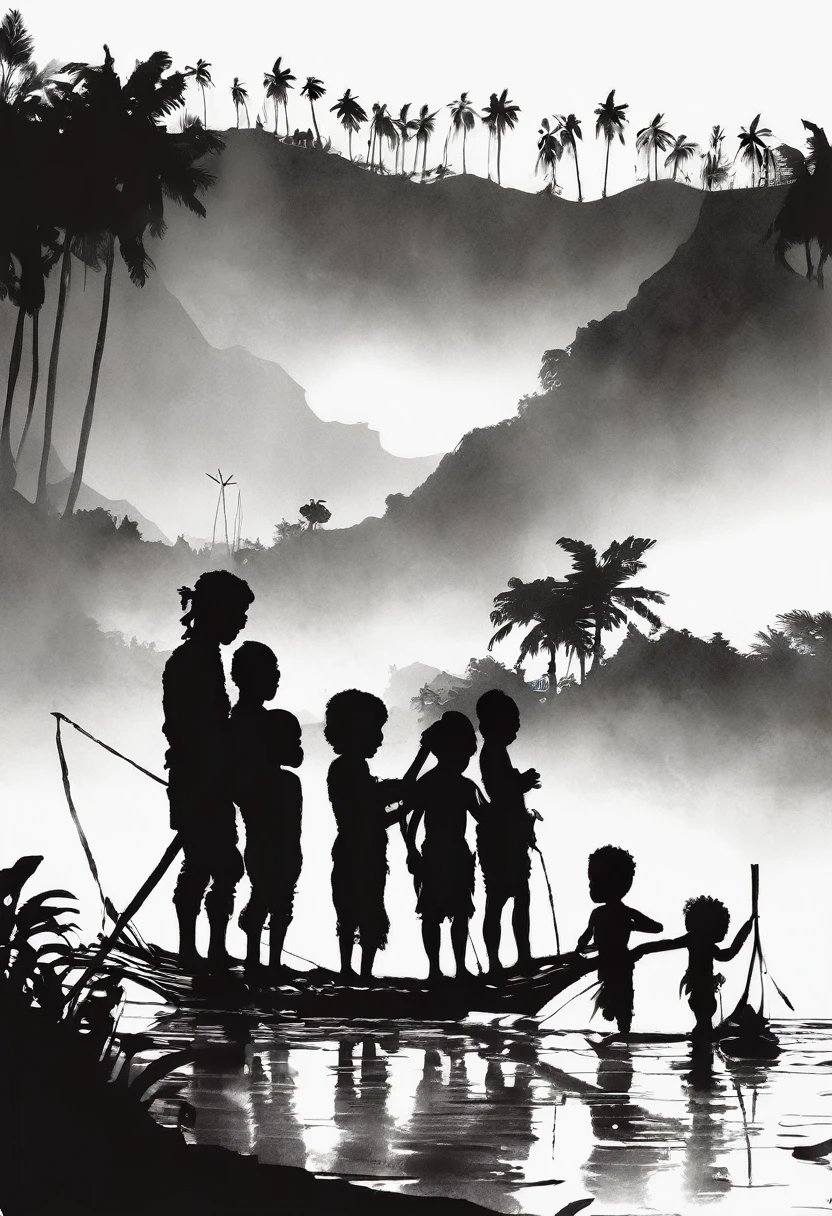 black ink art, shilouette, row of refugees, papuan, melanesian, tribes, human displacement, man woman and children