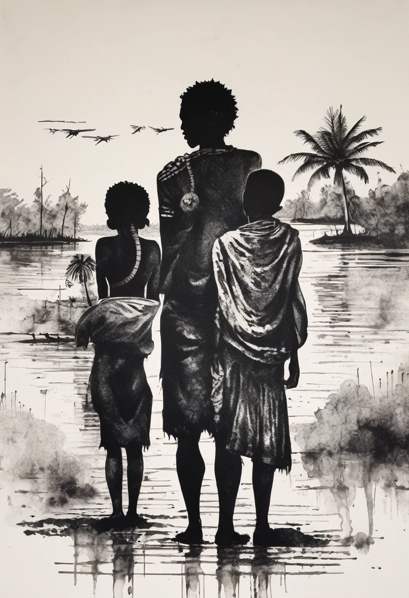 black ink art, shilouette, row of refugees, papuan, melanesian, tribes, human displacement, man woman and children