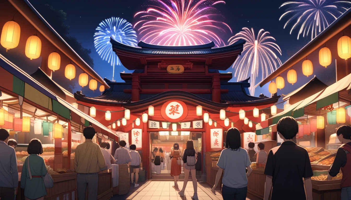 ultra-detailed, (professional lighting) hyper detailed, absurdres, 8k, night, summer, Approach to the shrine,Festival food stalls, I see colorful fireworks,