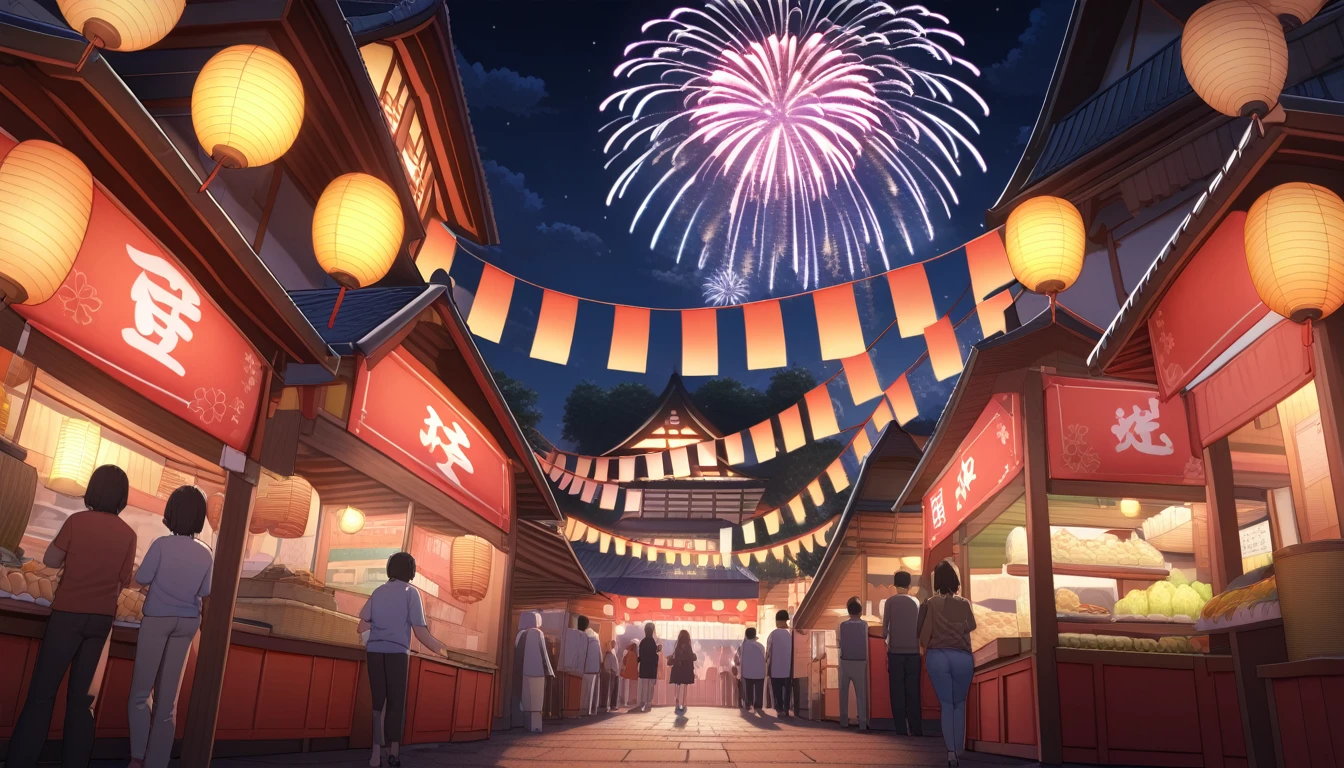 ultra-detailed, (professional lighting) hyper detailed, absurdres, 8k, night, summer, Approach to the shrine,Festival food stalls, I see colorful fireworks,