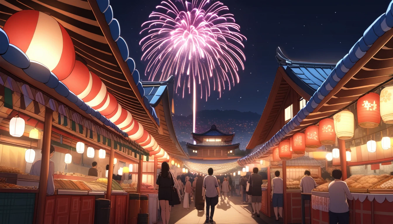 ultra-detailed, (professional lighting) hyper detailed, absurdres, 8k, night, summer, Approach to the shrine,Festival food stalls, I see colorful fireworks,