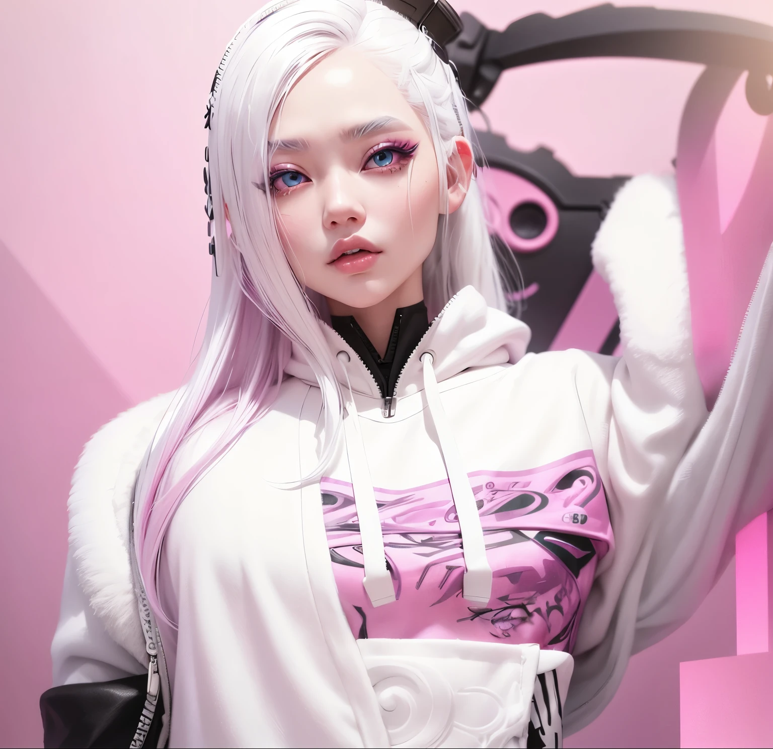 AVATAR SECOND LIFE Korean girl wearing pink hoodie, White hair, White hair, White hair, Asian, Perfect and detailed face, imvu, maximalist details, AVATAR SECOND LIFE Korean blusa , neon