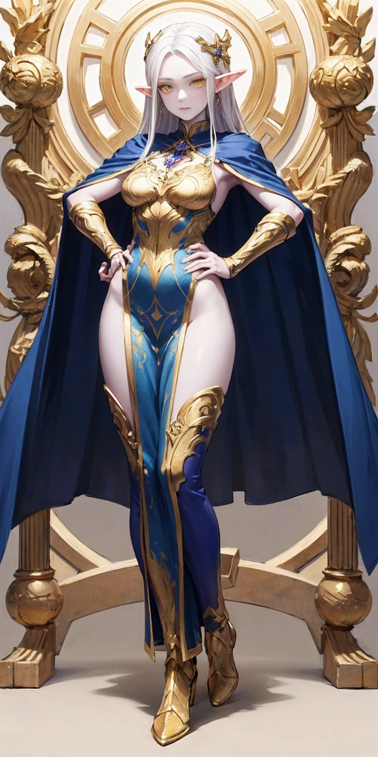 masterpiece, best quality, high quality, elf, long hair, pale hair, yellow eyes, purple skin, deep blue cape with golden ornaments (1solofemale full body standing straight symmetrical, hands on hips) slave with stocks