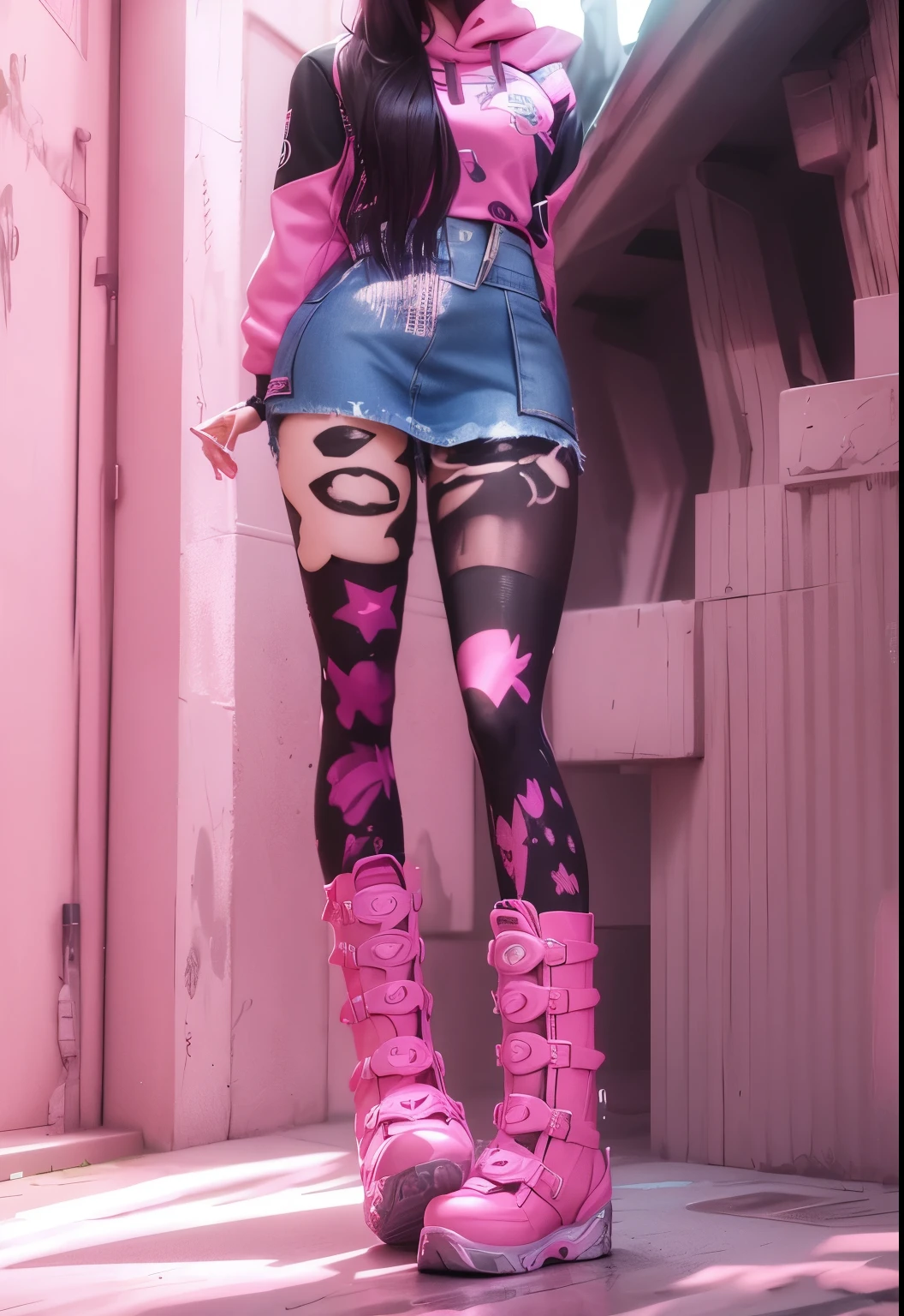 AVATAR SECOND LIFE Korean girl wearing pink hoodie, pink skirt, with long boots , Asian, Perfect and detailed face, imvu, maximalist details, AVATAR SECOND LIFE Korean blusa , neon
