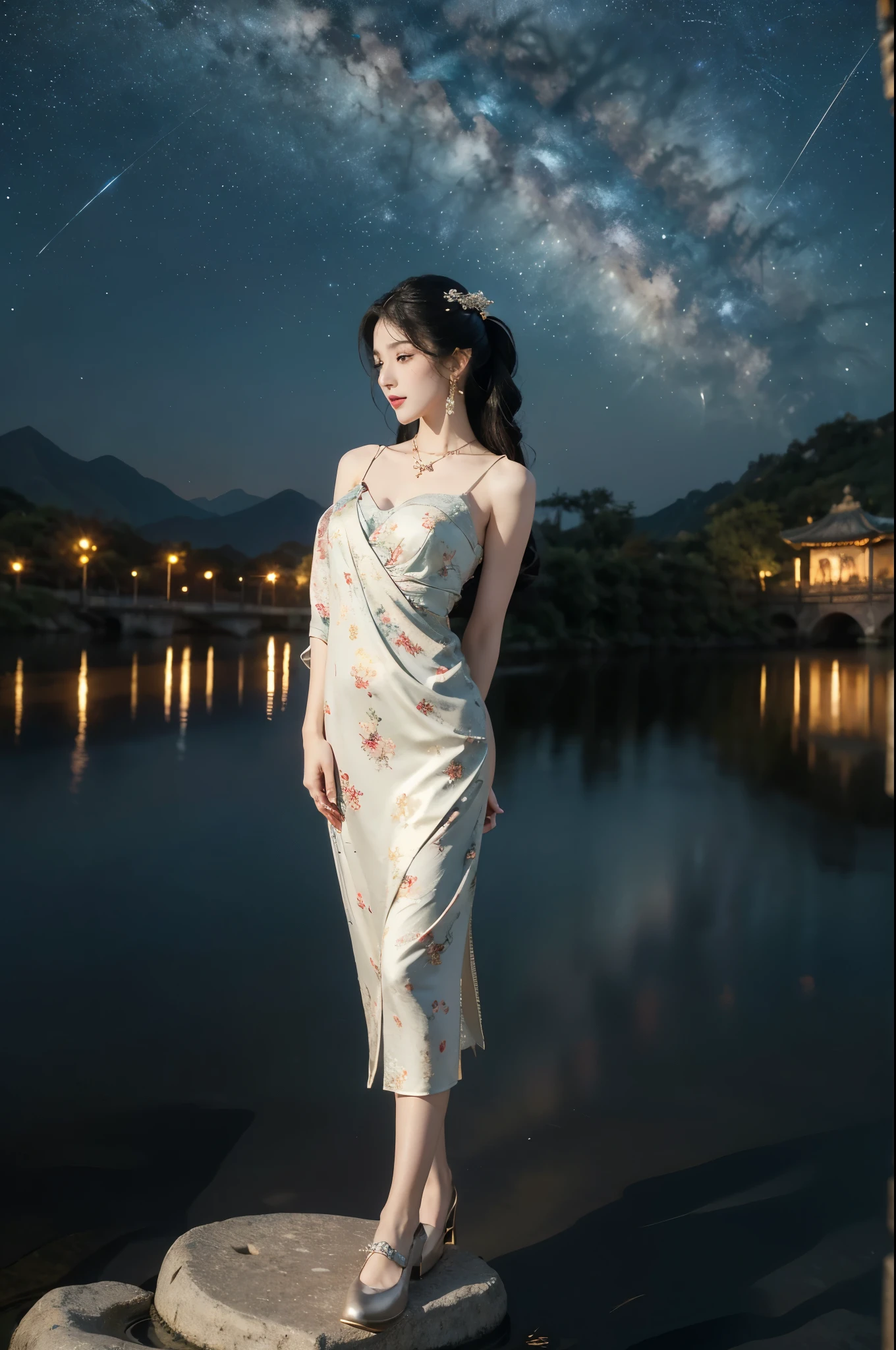 (((best quality))),(((ultra detailed))),(((masterpiece))),illustration,((1 beautiful girl,solo)),(shoulder length straight hair:1.2),((earrings,necklace)),((slim,thin)),((small breasts,flat chest)),(gorgeous red Hanfu:1.5),(slender legs:1.2),(loafers:1.2),(standing:1.3),(arms behind back:1.5),(on the stone arch bridge:1.3),((starry sky,the Milky Way,horizon)),elegance, grace, sophisticated updo, delicate hairpins, twinkling stars, radiant smile, bright eyes, wonder, beauty of the night sky, intricate patterns, flowers, birds, vibrant colors, ethereal, enchanting, old bridge, weathered, sturdy, natural surroundings, serene, peaceful atmosphere, rippling water, stars, graceful silhouette, magic, tranquility, twinkling stars, mesmerizing canopy of light, cool air, crisp, faint scent of blooming flowers, contemplation, admiration, ancient China, timeless, rich culture, traditions, captivating, enchanting atmosphere, myth, legend,((from front,full body))