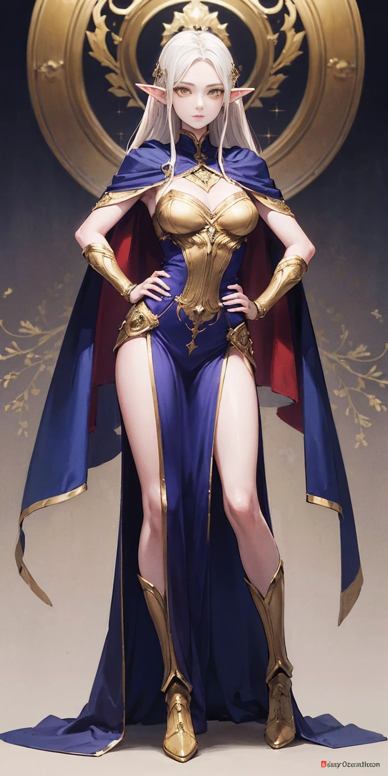 masterpiece, best quality, high quality, elf, long hair, pale hair, yellow eyes, purple skin, deep blue cape with golden ornaments (1solofemale full body standing straight symmetrical, hands on hips) slave with stocks
