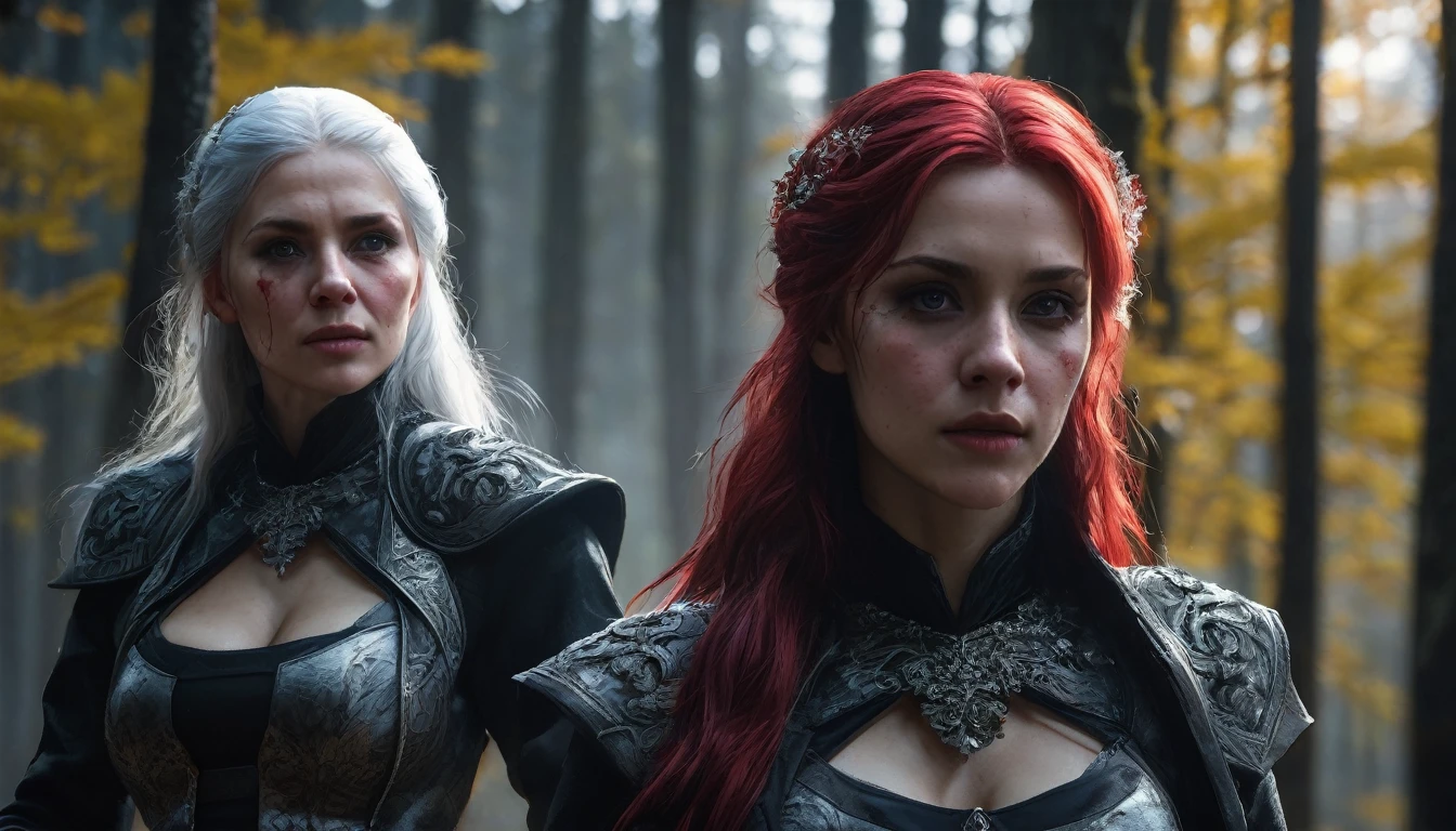 2 woma.
30 years old, red hair, caucasian, red eyes, blood on face, detailed black outfit, 1 woman, 30 years old, caucasian, white hair, grey eyes, detailed white outfit, dark forest background, (best quality,4k,8k,highres,masterpiece:1.2),ultra-detailed,(realistic,photorealistic,photo-realistic:1.37),HDR,UHD,studio lighting,ultra-fine painting,sharp focus,physically-based rendering,extreme detail description,professional,vivid colors,bokeh,portrait,horror