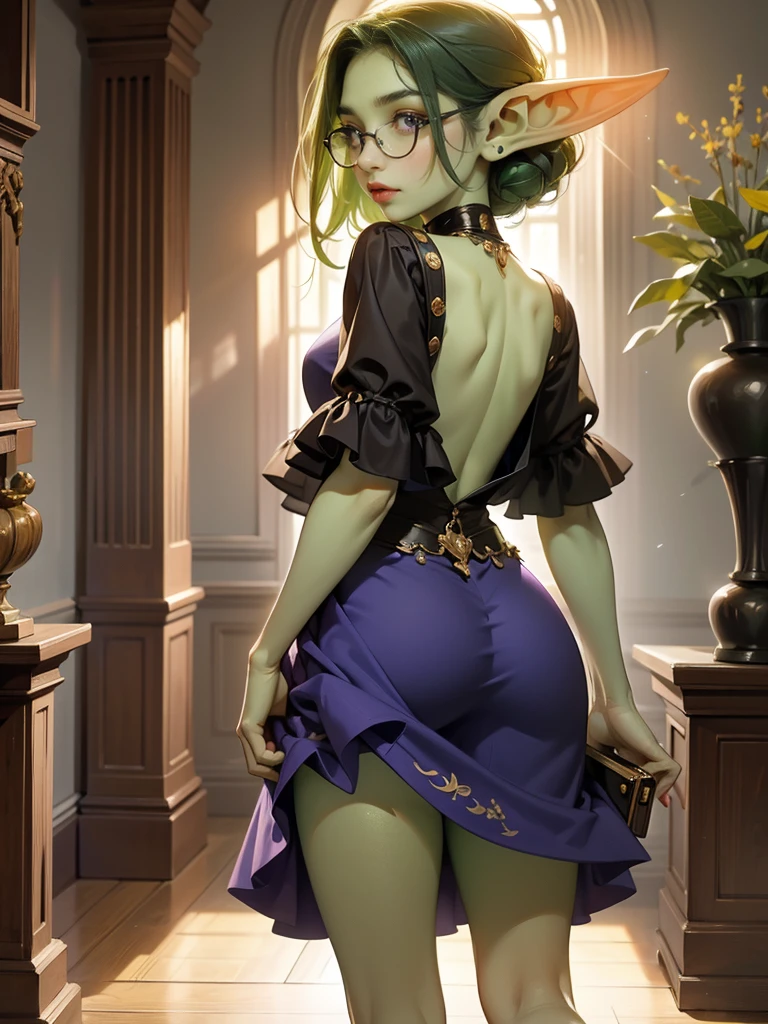 intricate details, tonemapping, sharp focus, hyper detailed, trending on Artstation, Masterpiece, absurdrez, amazing detail, 4k, perfect face, symmetrical, small ears, 3 foot tall green goblin girl, wearing purple blouse and long black skirt, very shy, (((black glasses))), (green skin), short dark green hair, purple eyes, exploring a fine art museum, admiring painting on the wall, curious and fascinated, pov from side, looking away from camera, dynamic pose, cinematic lighting, fine art lines the walls, in art museum, small smile, loves art, walking towards camera, holding purse,sexy roupa translúcida transparente 