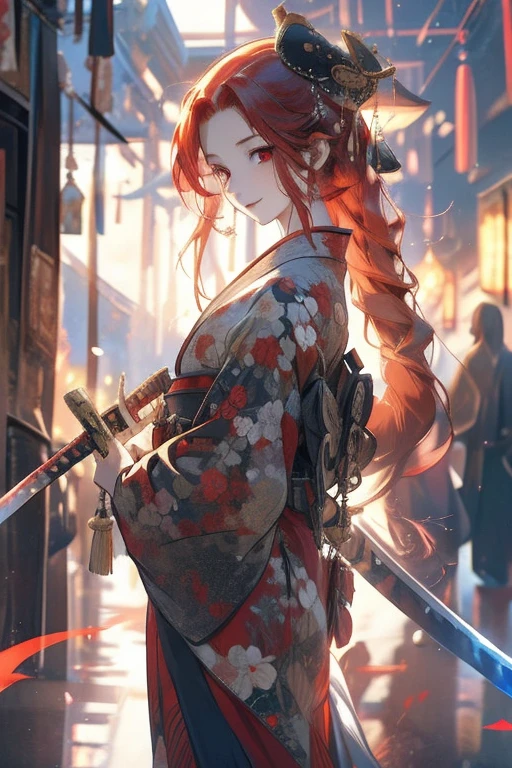 Perfect face. Perfect hands. A red haired woman with a red eyes and an hourglass figure in a kimono is posing with her sword in the shrine with a big smile