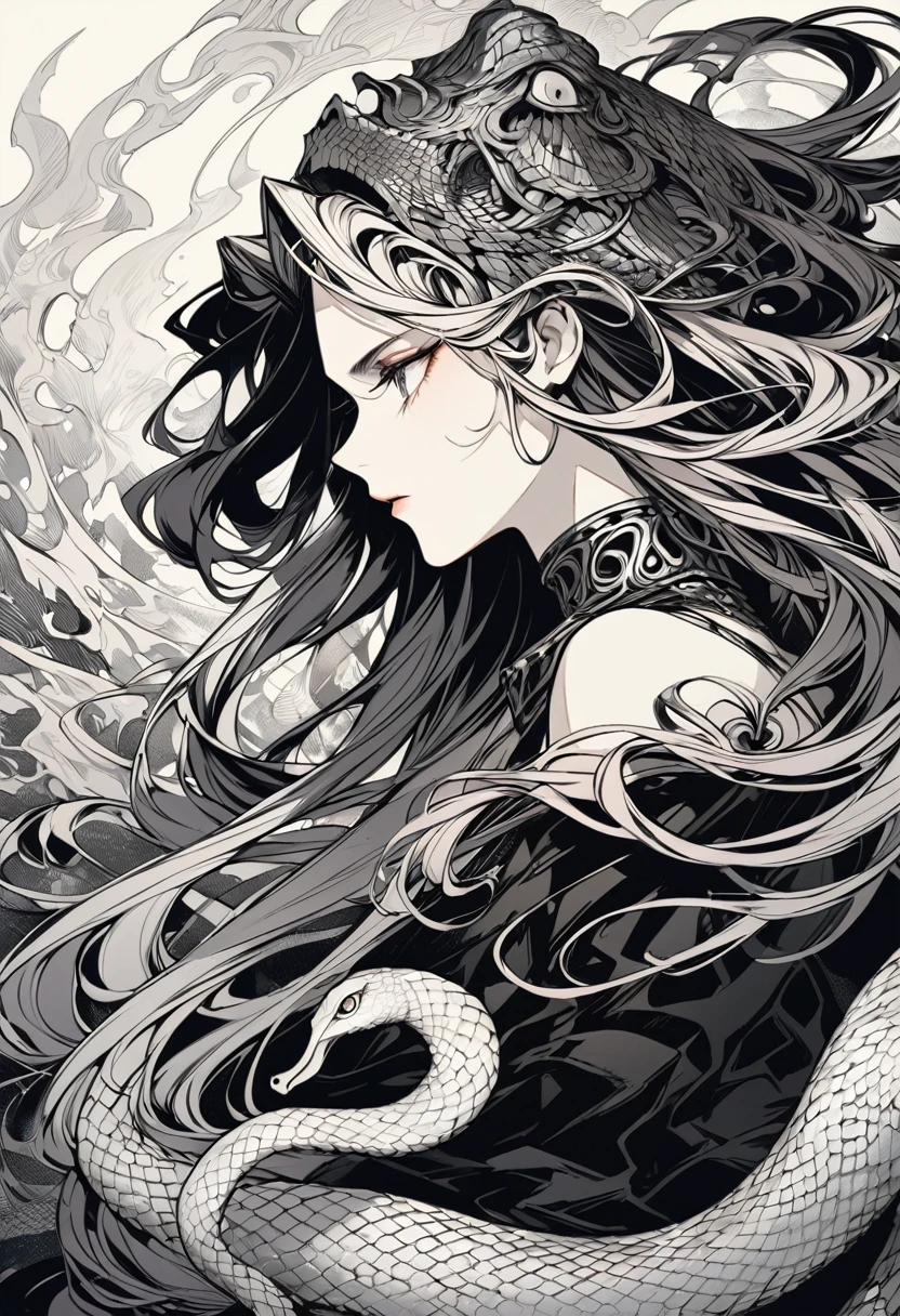 A charming and powerful illustration of Medusa in profile, Snake-headed Greek mythology, The artwork shows intricate vector illustration black line work