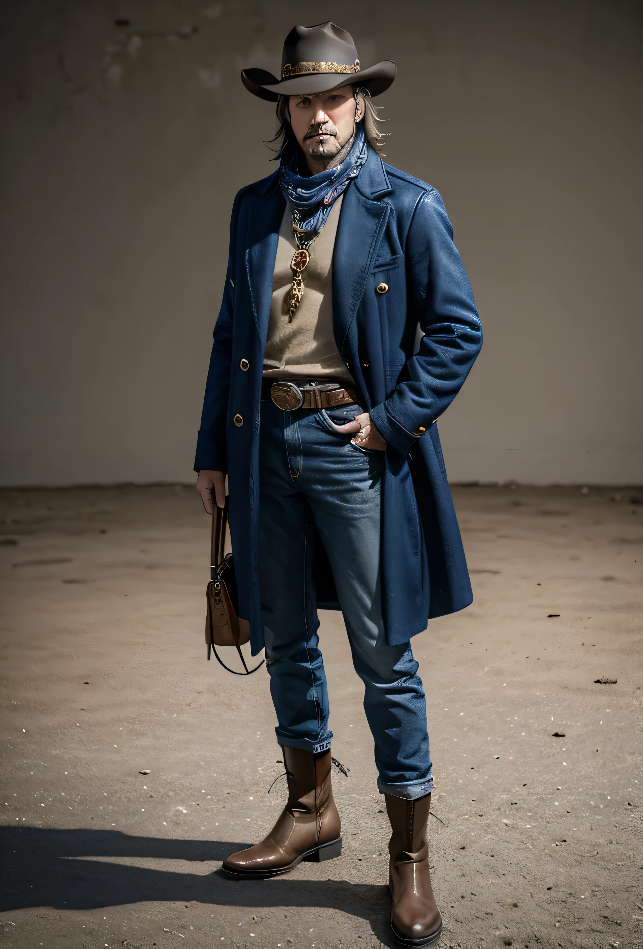 Steve (Corporal Steve): robust man, cowboy hat, blue coat with gold details, bandana vermelha, denim trousers, cowboy boots. Carry a revolver, confident stance.