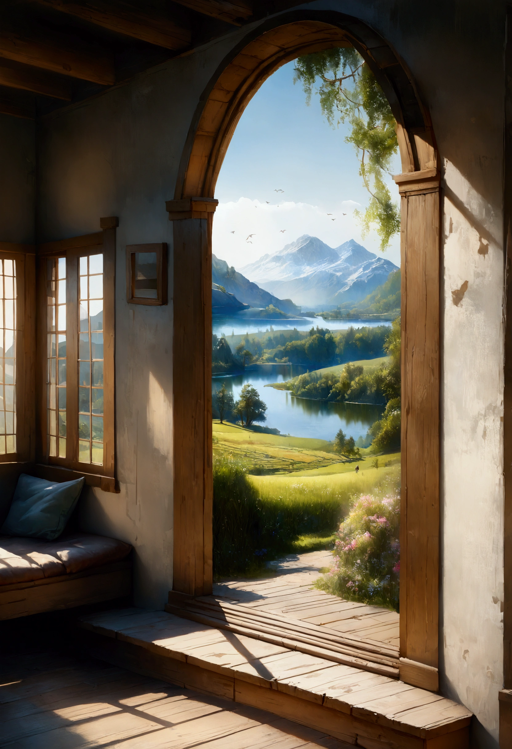 The View Outside the Window, (4k,8k,highres,:1.2),ultra-detailed,(realistic,photorealistic,photo-realistic:1.37),indoor view,window view,outside scene,outdoor scenery,breathtaking landscape,panoramic view,serene atmosphere,clear blue sky,rolling hills,green meadows,colorful flowers,trees swaying in the wind,sun shining brightly,golden sunlight streaming in through the window,glimmering lake in the distance,crystal-clear water,reflection of the sky on the water surface,lush forests,majestic mountains on the horizon,peaceful countryside,tranquil setting,quiet ambiance,gentle breeze rustling the leaves,morning mist over the fields,tiny birds chirping,soft rays of sunlight illuminating the room,nature's beauty at your doorstep,serenity of the outside world,boundless beauty right outside the window . masterpiece, best quality, very aesthetic, absurdres, aesthetic