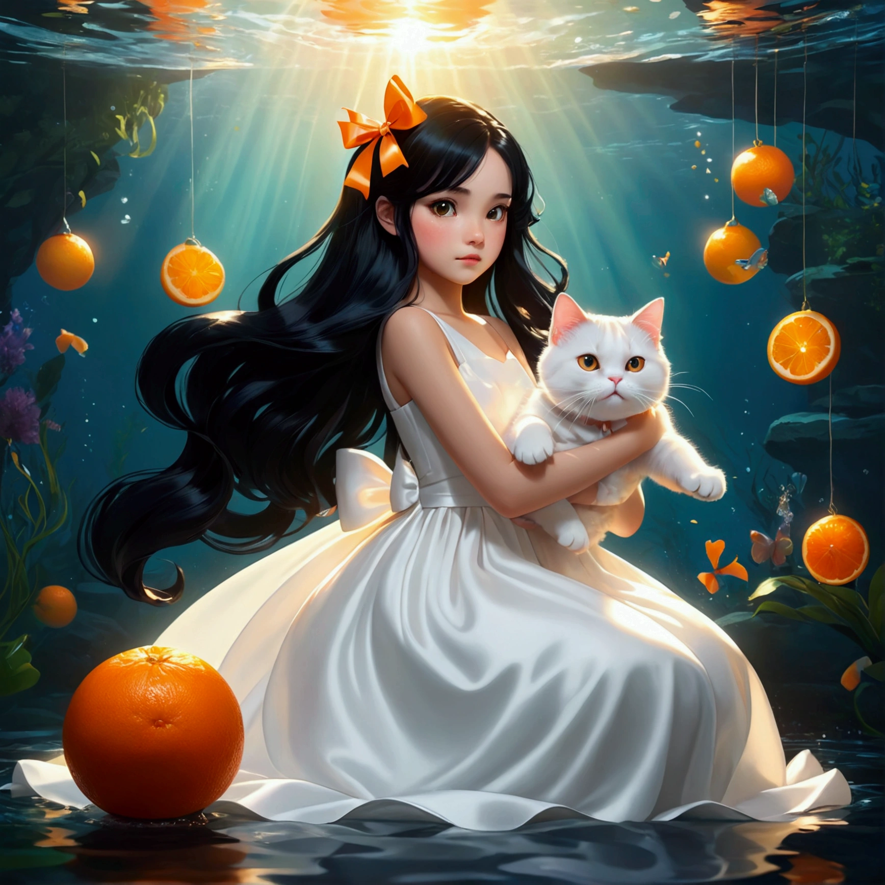 A girl with long black hair wearing a white dress, The interaction of a fat orange cat.ribbon, bow hair accessories, Backlight, masterpiece, best quality, accurate, sparkle effect, movie lighting effects, Partially underwater shooting,