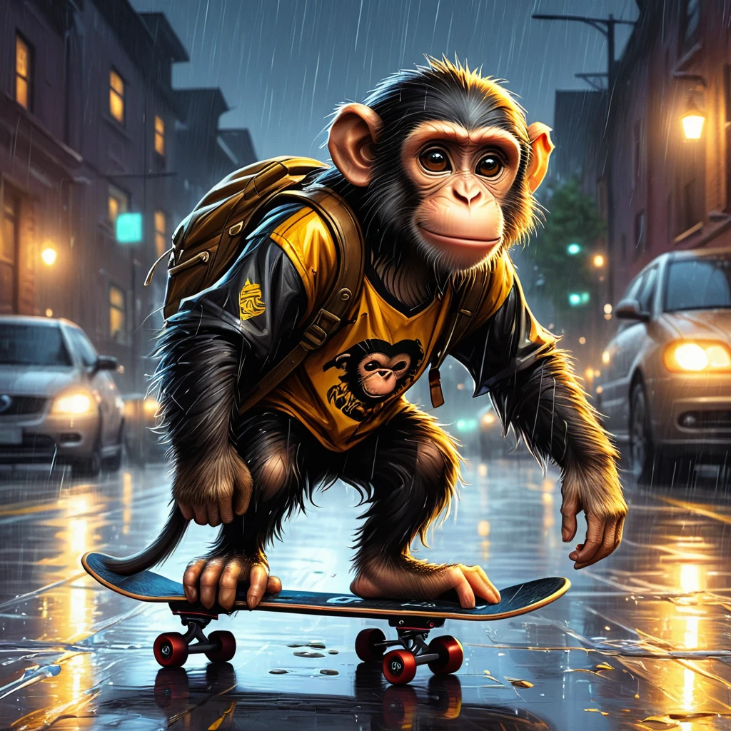 cartoon monkey riding a skateboard in a rainy urban environment,digitl art, 8k, HDR, rgb, ultra HD, close up, dark creature portrait, vector golden t-shirt art, with water splashes and additional challenge, under wet street lights, unreal motor 5, extremely detaild., stylized drawing by Greg Rutkowski, Giovanni Boldini, Gabriele Dell'otto, Style of Jean Baptiste Monge, thomas kinkade, David Palumbo, Carne Griffiths.