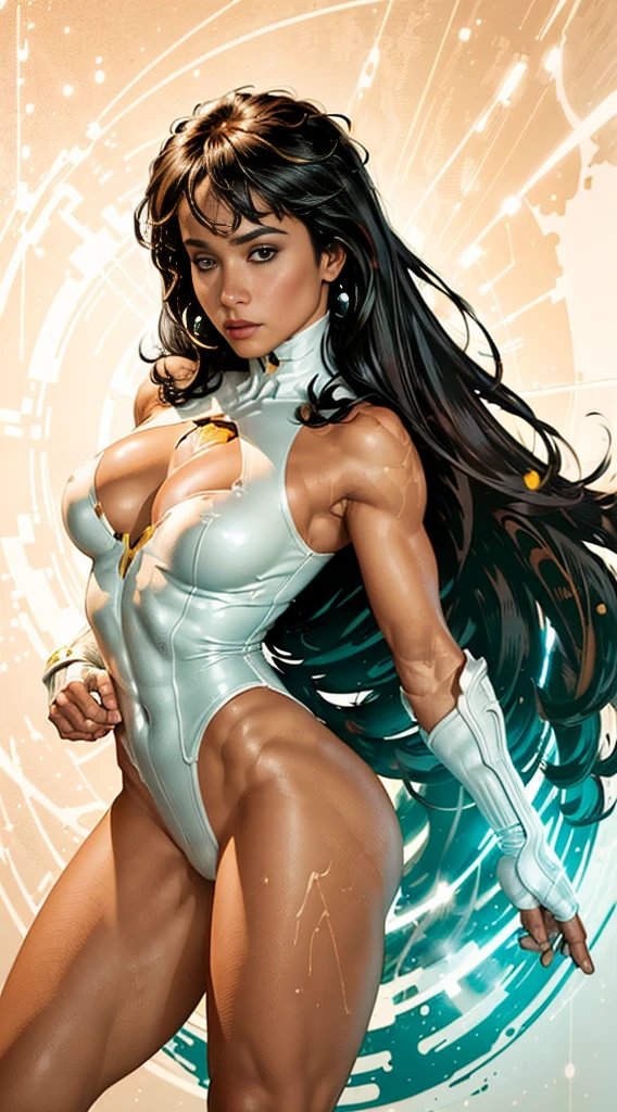 Mayara Rodrigues as a beautiful woman wearing a white scifi bodysuit artstyle by Adam Hughes, masterpiece, perfect pose, high quality, fine lines, thin strokes, ink painting style, soft colors, flowing brushstrokes, low angle