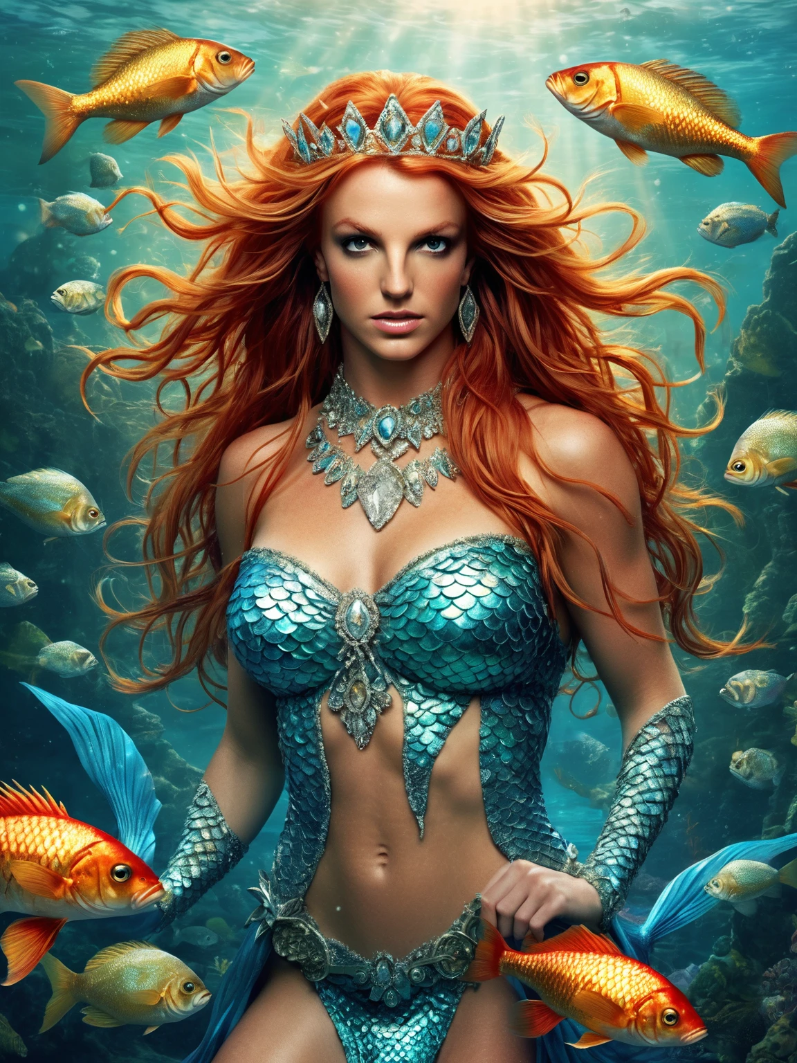 britney spears mermaid with long red hair and a crown on her head is surrounded by fish, beautiful mermaid, fantasy art style, mermaid warrior portrait, beautiful fantasy art, mermaid queen portrait, red-haired goddess, best quality, realisitic, realisitic, award-winning illustration, (Highly detailed texture of face and skin), (fully body), (Complicated Detail: 1.2), (fine-details), (Complicated Detail), (Cinematic Lights, luz de fundo de best quality), Sharp lines, sharp focus, offcial art, unity wallpaper 8k , absurdrez, unbelievably absurd, huge filesize, ultra- , Fantasyart, RTX,((Closing photo of the award-winning studio)), , (Shut your mouth), , perfect hands, beautiful detailed eyes, face perfect