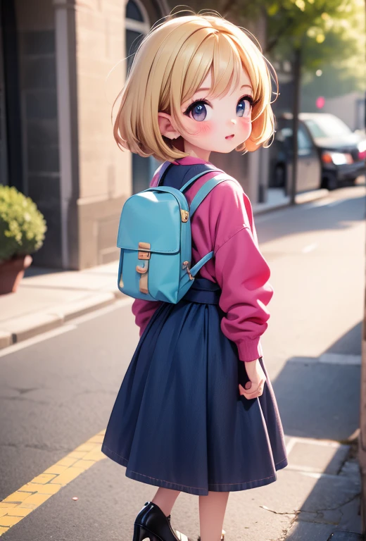 masterpiece, highest quality, Official Art, 8k wallpaper, Very detailed, figure, Small 1 person girl cute, , FOCUS with cute makeup, bob cut with trimmed ends, blonde hair, Wide Hips, Big Ass, Round ass, WEAR HIGH HEELS, FOCUS WEAR white TOP, Backpack, Are standing, From the back, From the back, CUTE FACE, HAND ON THE HIPS, FOCUS ALL BODY VIEW, STREET BACKGROUND.