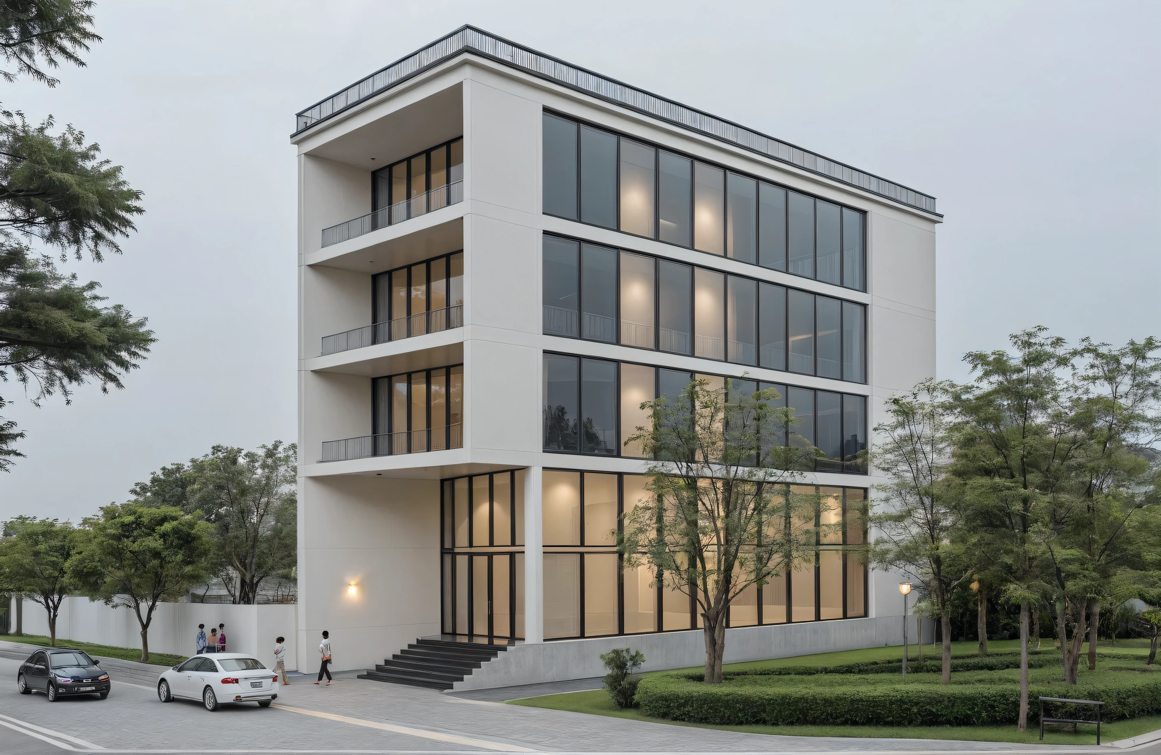 RAW photo, a photo of a modern house, (curvilinear archrchitecture:1.4), Wabisabi style rounded wall, white wall, steel black gate, sidewalk, sidewalk trees, ((grey gate:1.2)), road, viet nam modern residence, ((architectural shot)), rough white wall, new residential area, wide angle exterior 2022, contemporary house, exterior photography, masterpiece, contemporary architecture, overcast, indirect lighting