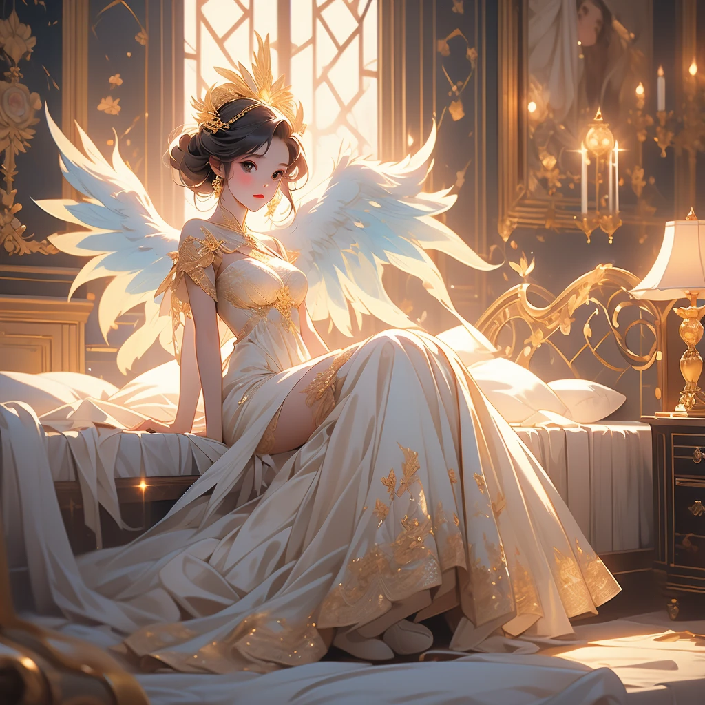 ((Masterpiece, Highest quality)),A cute girl,Detailed face, beauty girl,cinmatic lighting,with light glowing,blue and gold,Phoenix decoration,light yarn,Lace,lacepantyhose,high-heels lying on bed
