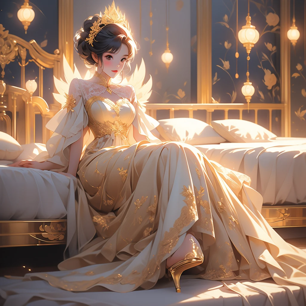 ((Masterpiece, Highest quality)),A cute girl,Detailed face, beauty girl,cinmatic lighting,with light glowing,blue and gold,Phoenix decoration,light yarn,Lace,lacepantyhose,high-heels lying on bed