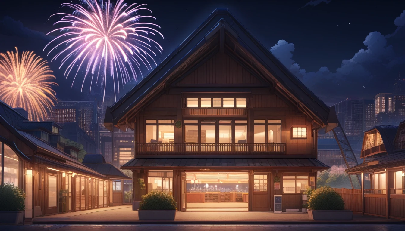 ultra-detailed, (professional lighting) hyper detailed, absurdres, 8k, night, summer, Colorful fireworks can be seen in front of the station building,