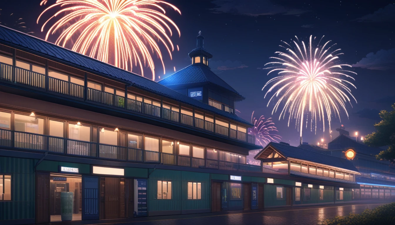 ultra-detailed, (professional lighting) hyper detailed, absurdres, 8k, night, summer, Colorful fireworks can be seen in front of the station building,