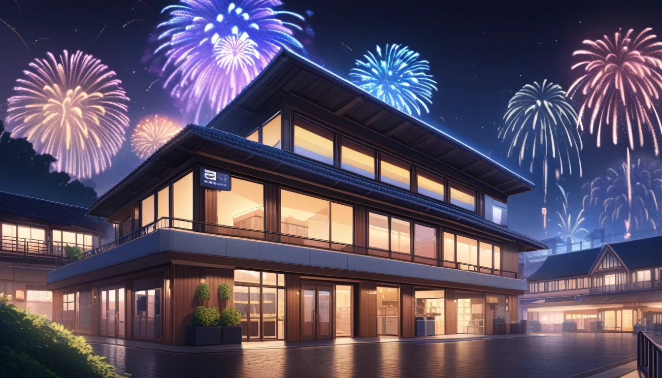 ultra-detailed, (professional lighting) hyper detailed, absurdres, 8k, night, summer, Colorful fireworks can be seen in front of the station building,