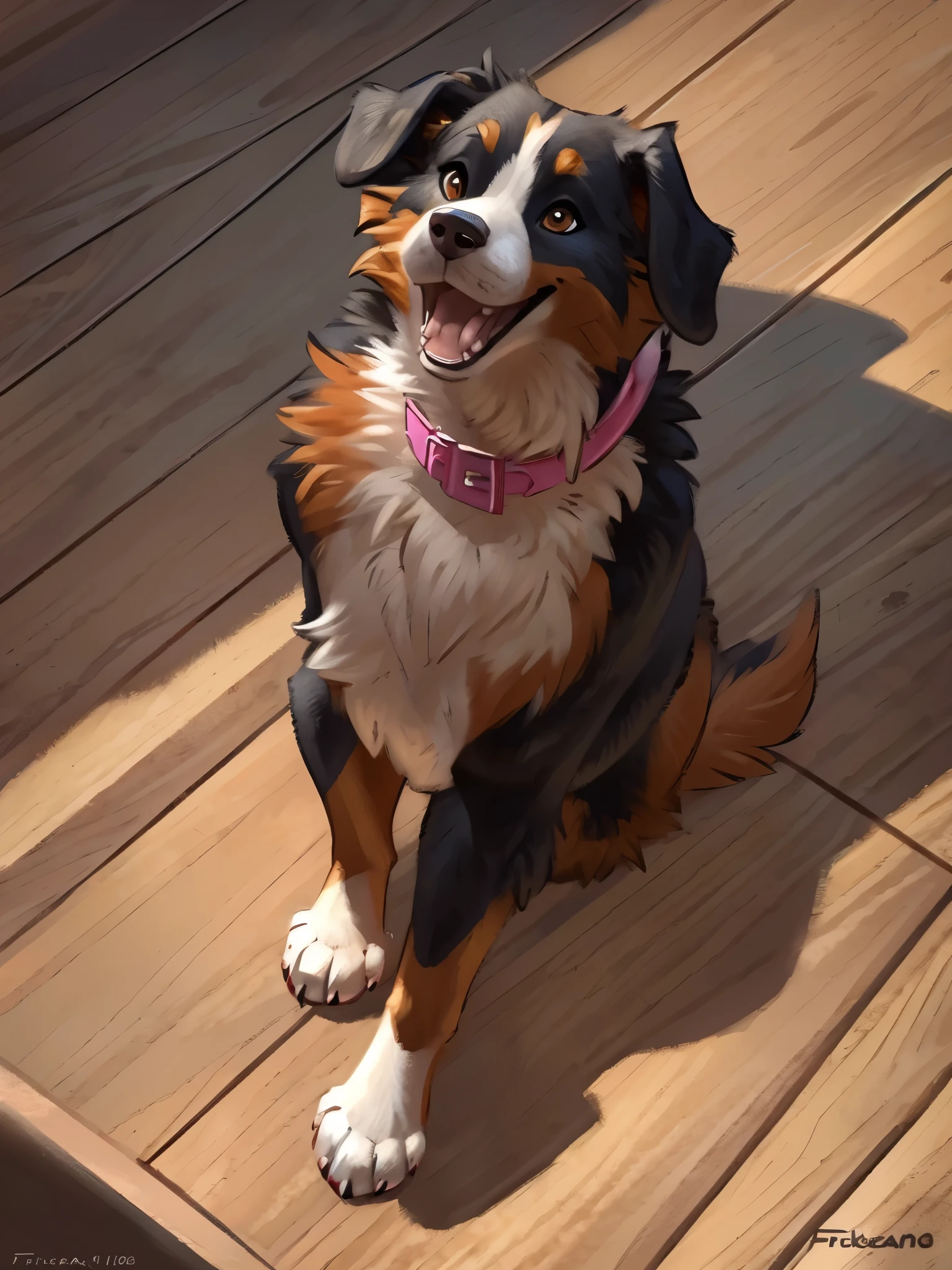 (by Taran Fiddler), (by Halbean), (by Psy101), feral body, dog, female, solo canine, solo, pink collar, Bernese Mountain dog, curvy, wide hips, thick thighs, fluffy butt, sitting, looking up at viewer, arched back, wood floor, sunlight, happy, excited, playful, open smile, surprise, cute, big brown eyes, birds eye view