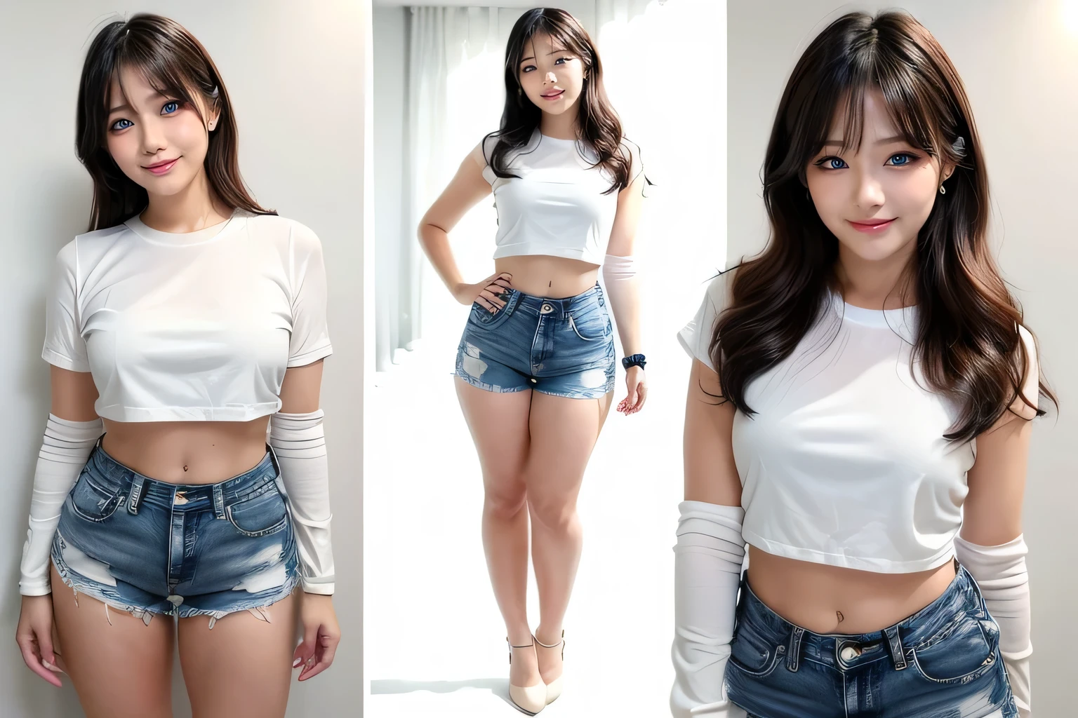(High resolution photo, bust, 1 girl, 28 years old, woman, facial details, baby fat, waist accessories, smile, showing less teeth, white skin, full body, office outfit with mini denim shorts, model pose, studio lighting)