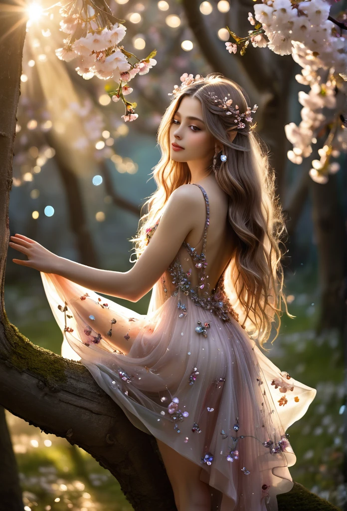 beautiful fairy,fully body,Perfect Anatomia,Wings transparent,Flowing short dress,long hair,hair adorned with flowers and gems,dress extremely adorned,she is looking back,climbing the branch of a tree,Cherry tree,studded with precious stones,sunbeam lights up your hair,face perfect, perfect hands,innocent looking,rosy cheeks,fairytale forest,