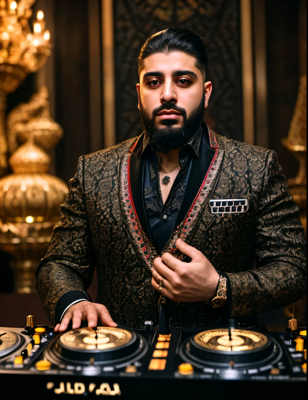 A photo of Dj Fadi-gá.DJ with iraqi features, extremely handsome man, beautifully sculpted beard, famous artist, sultan-like luxurious clothing, 8k, high quality, photorealistic, intricate details, dramatic lighting, cinematic composition