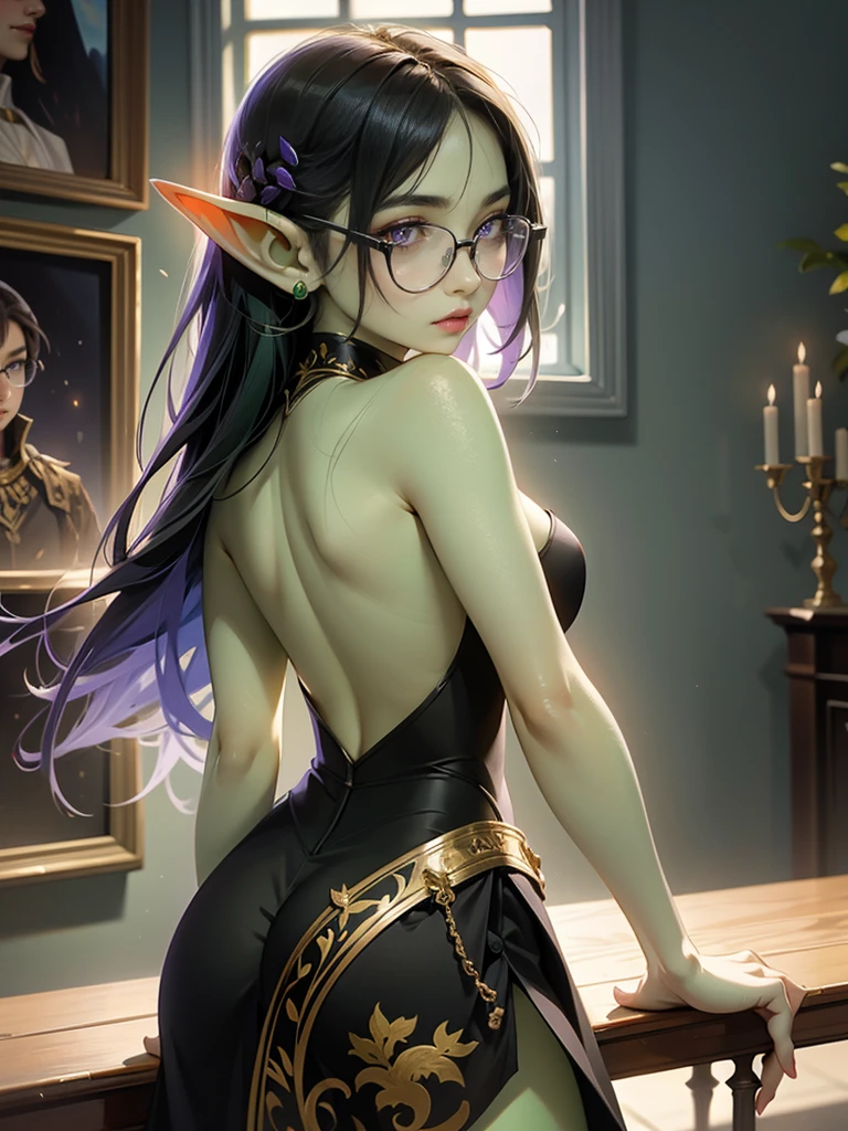 intricate details, tonemapping, sharp focus, hyper detailed, trending on Artstation, Masterpiece, absurdrez, amazing detail, 4k, perfect face, symmetrical, small ears, 3 foot tall green goblin girl, wearing purple blouse and long black skirt, very shy, (((black glasses))), (green skin), short dark green hair, purple eyes, exploring a fine art museum, admiring painting on the wall, curious and fascinated, pov from side, looking away from camera, dynamic pose, cinematic lighting, fine art lines the walls, in art museum, small smile, loves art, walking towards camera, holding purse,sexy roupa translúcida transparente na posição de cachorro
