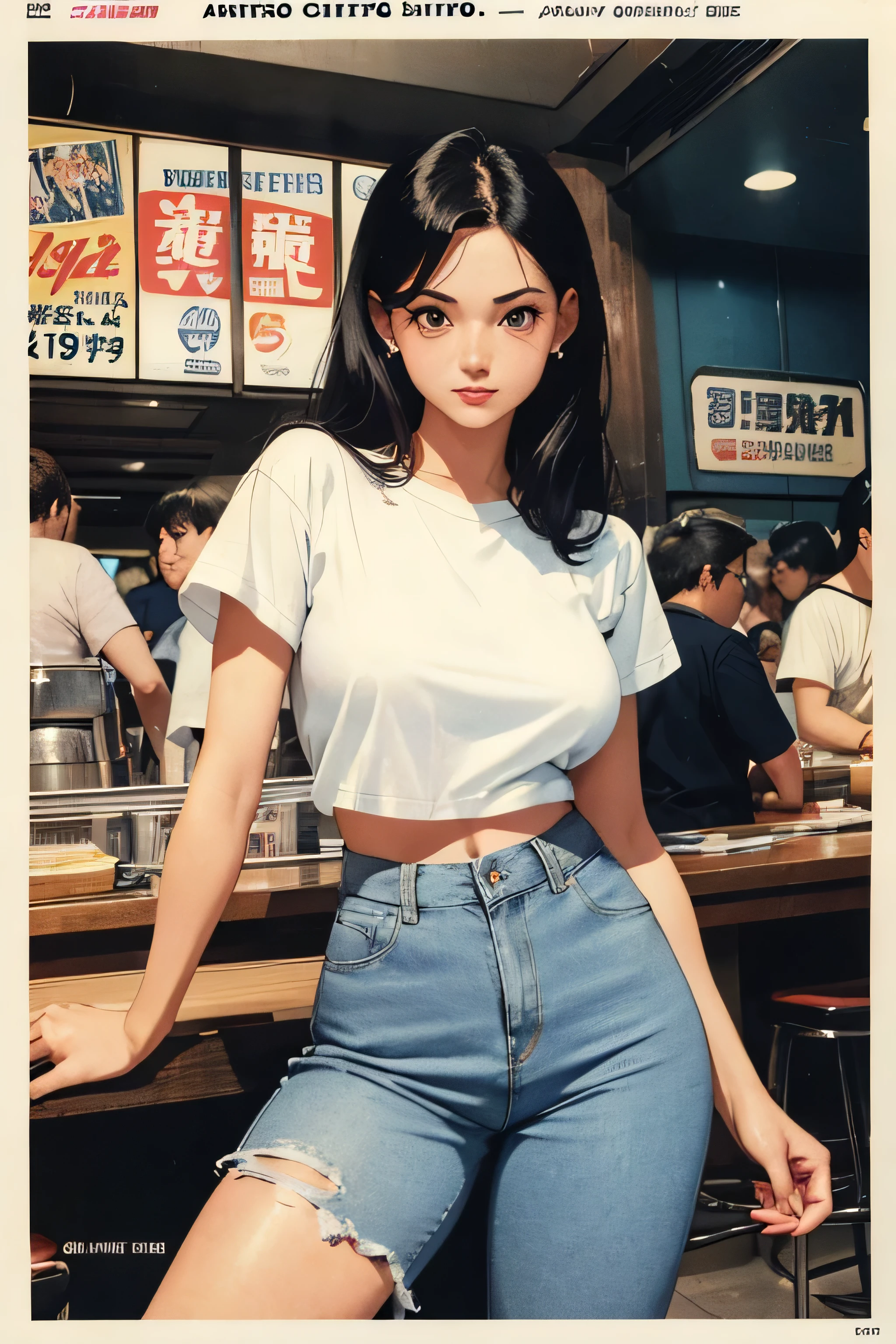 (vintage),(Retro),(Cartel), advertising with perfect girl, clothing oversized blue jeans and white t-shirt with open waist(sexy), shibuya bar environment, Masterpiece, comics(tokyo city) (1990)