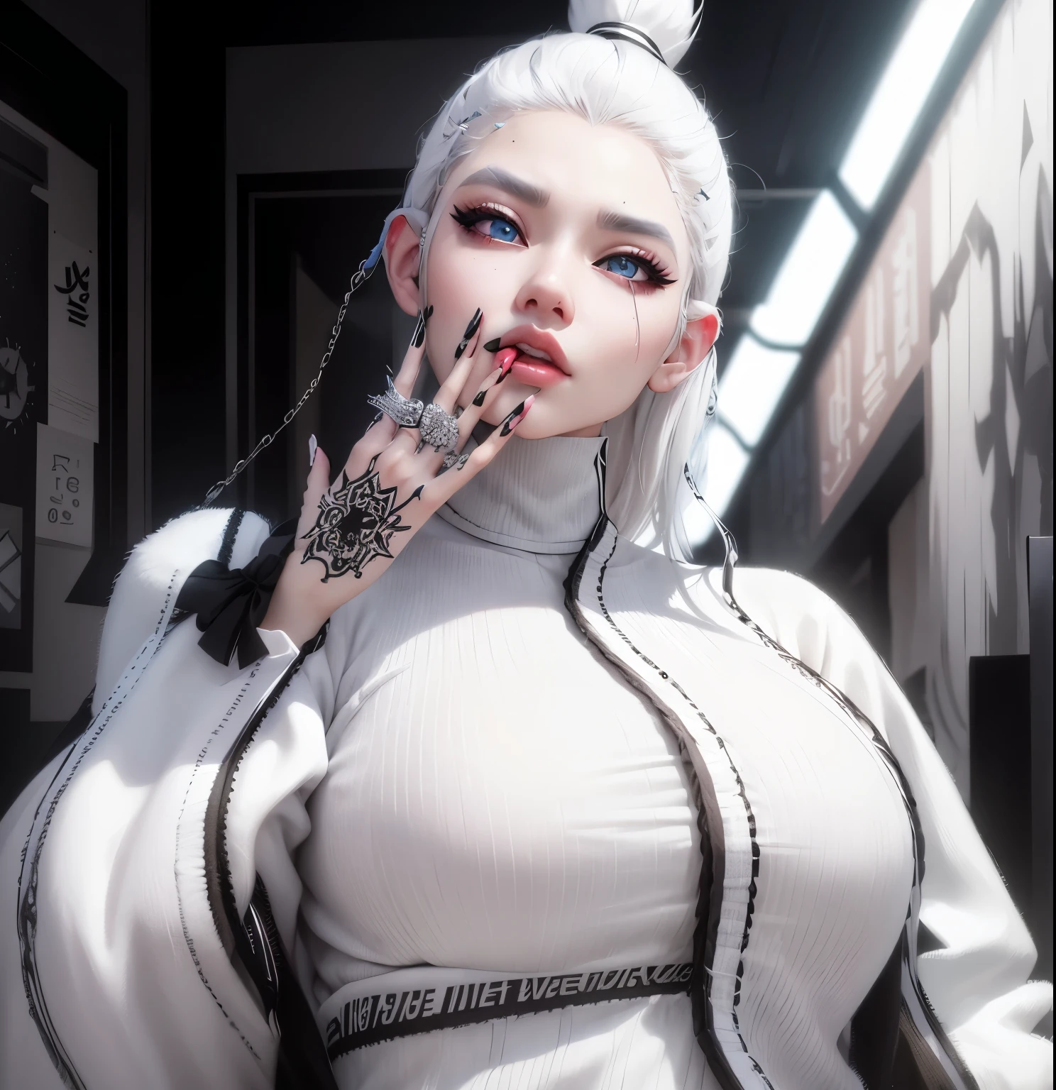 AVATAR SECOND LIFE Korean girl wearing black top , White hair, White hair, White hair, Asian, Perfect and detailed face, imvu, maximalist details, AVATAR SECOND LIFE Korean blusa , neon